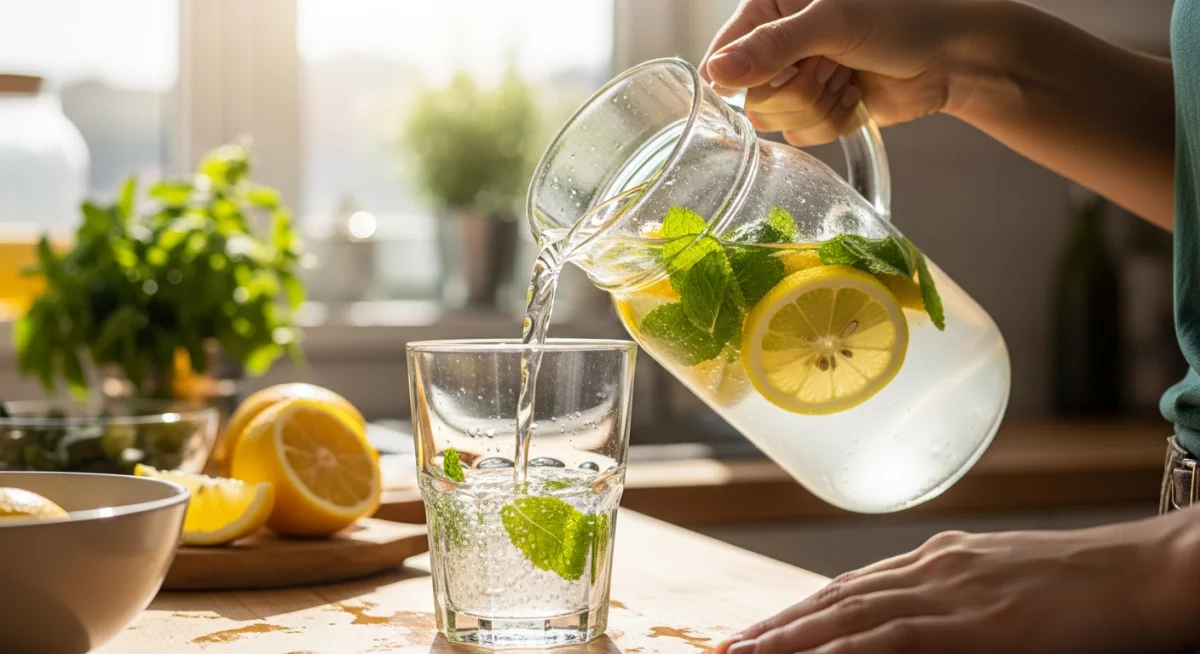 Composition naturelle d'aliments riches en électrolytes disposés sur une table en bois : eau de coco, bananes, oranges, sel rose et légumes verts frais