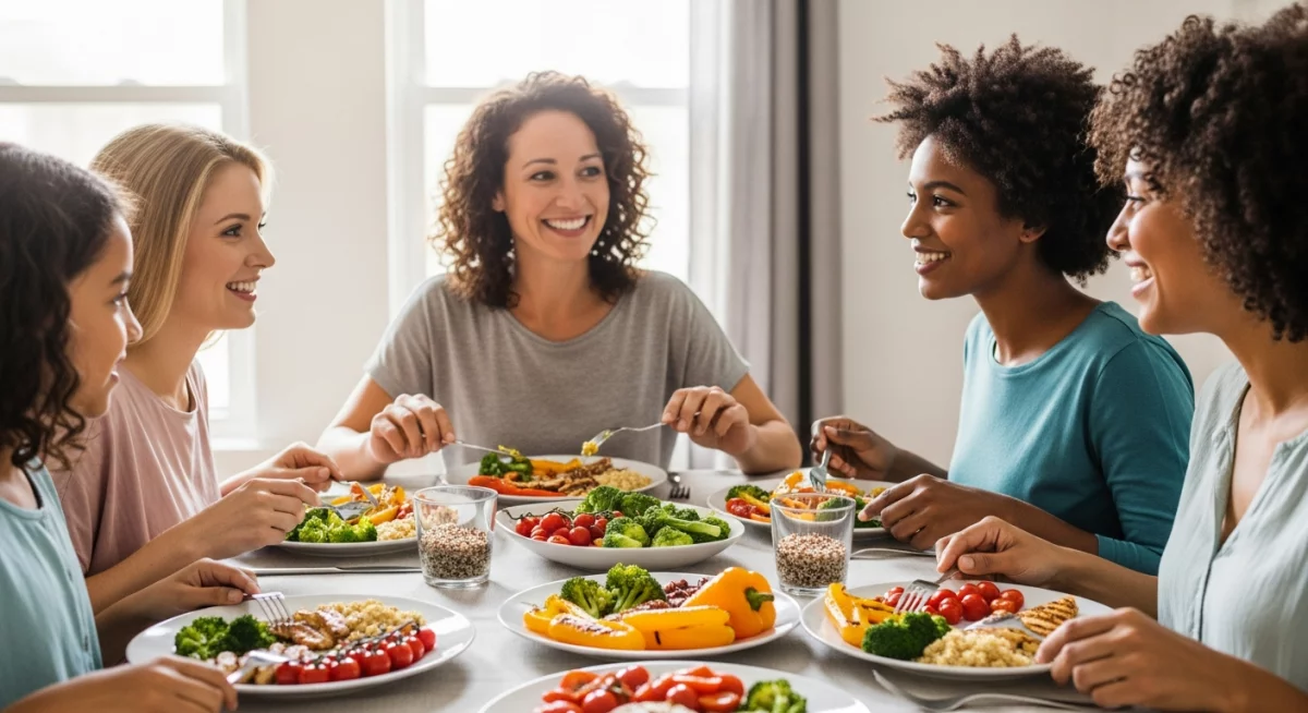Table familiale avec plusieurs assiettes colorées illustrant des repas clean eating adaptés à différents régimes alimentaires, ambiance conviviale et lumière naturelle
