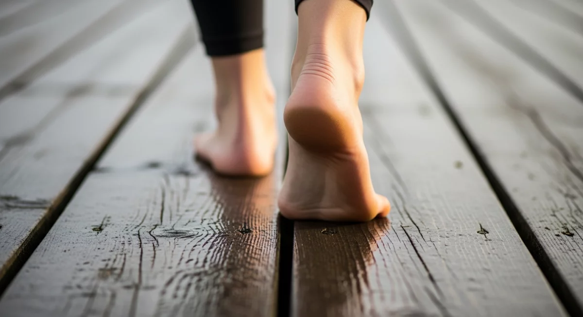Personne pratiquant la marche méditative en pleine conscience dans un parc naturel au lever du soleil
