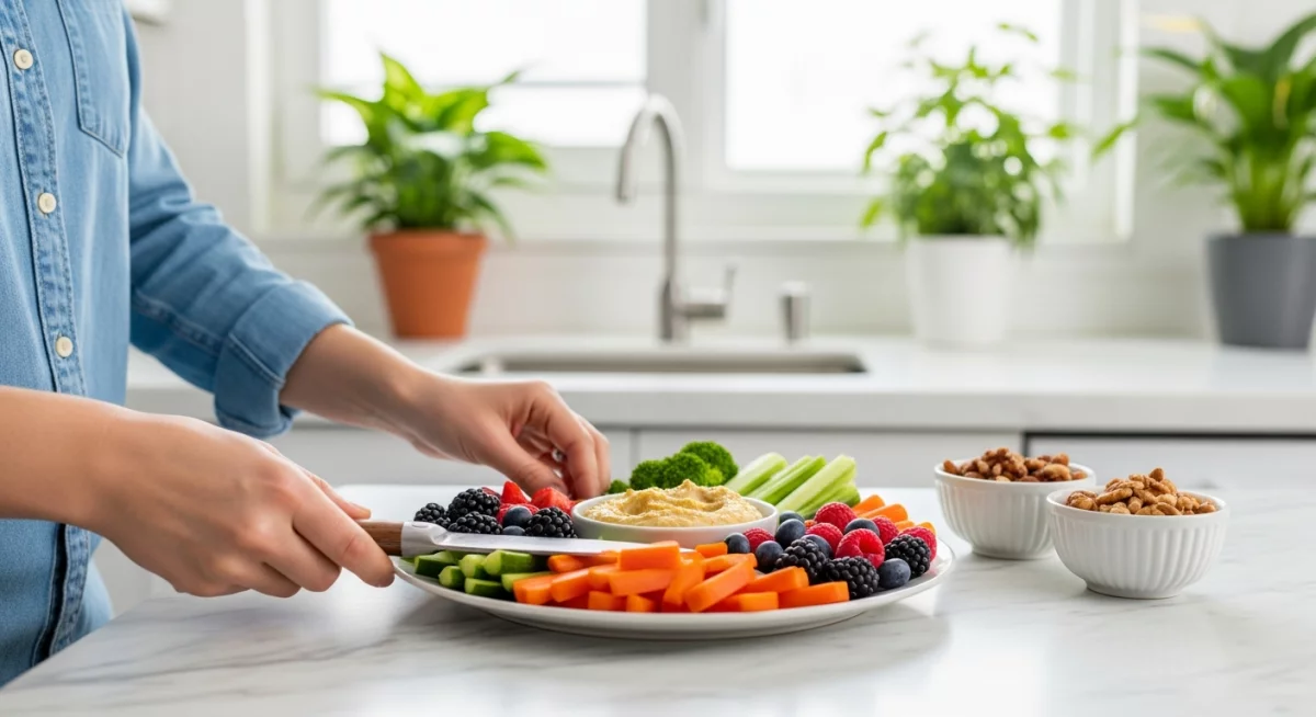 Femme assise calmement écrivant dans son journal alimentaire avec une tasse de thé, lumière douce d'après-midi, expression réfléchie et sereine