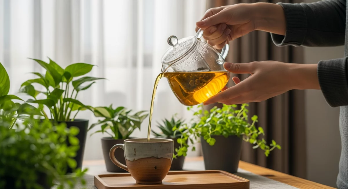 Assortiment de plantes adaptogènes séchées et en poudre disposées sur une table en bois naturel avec mortier et pilon, éclairage doux et naturel
