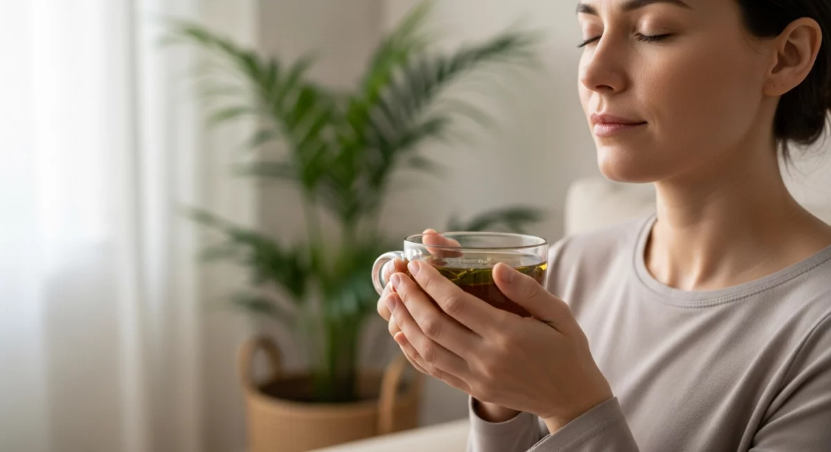Personne versant une tisane d'ashwagandha dans une tasse en céramique artisanale, environnement zen avec plantes vertes, lumière matinale douce