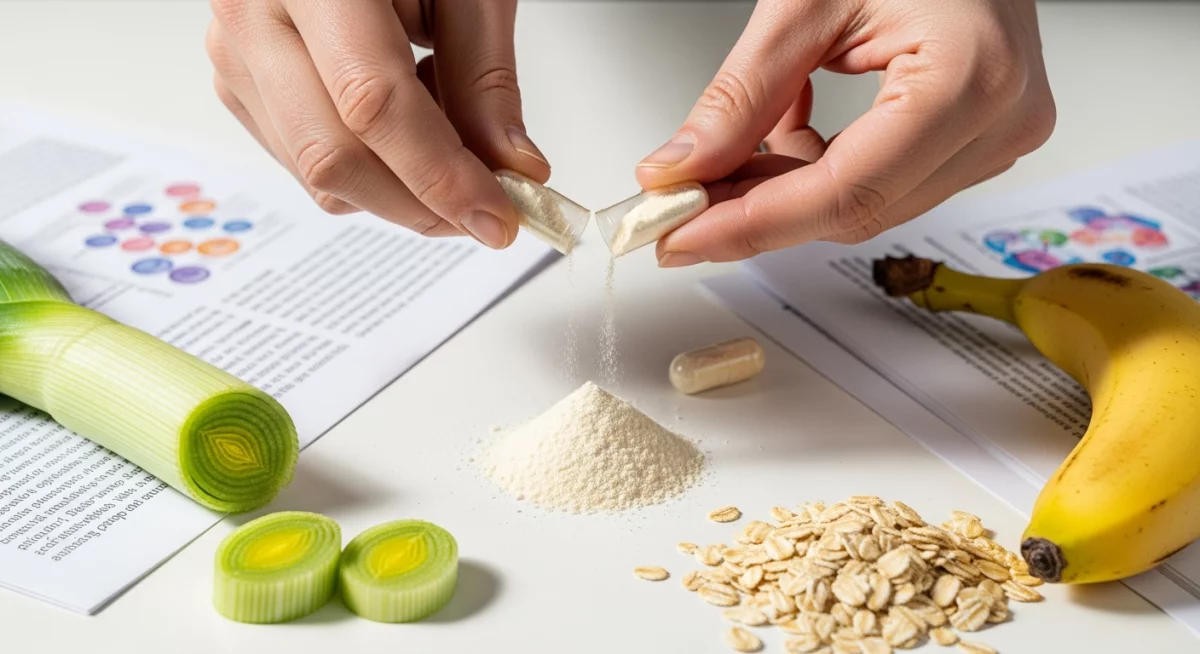 Aliments fermentés et légumes riches en fibres prébiotiques disposés sur une table