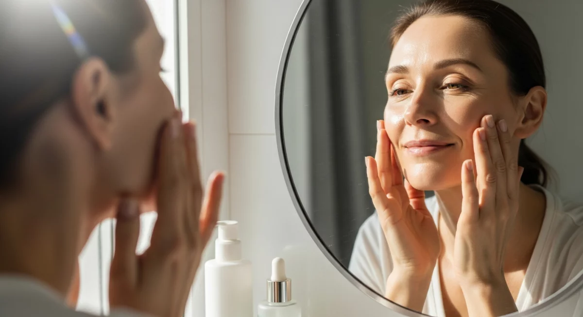 Gros plan d'une poudre de collagène marin dans une cuillère en bois posée sur une table claire, avec un verre d'eau en arrière-plan