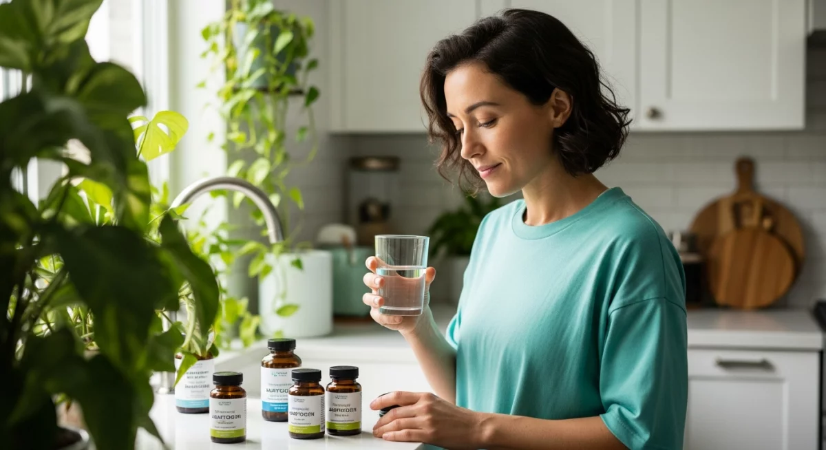 Personne sereine préparant sa supplémentation en plantes adaptogènes dans une cuisine lumineuse