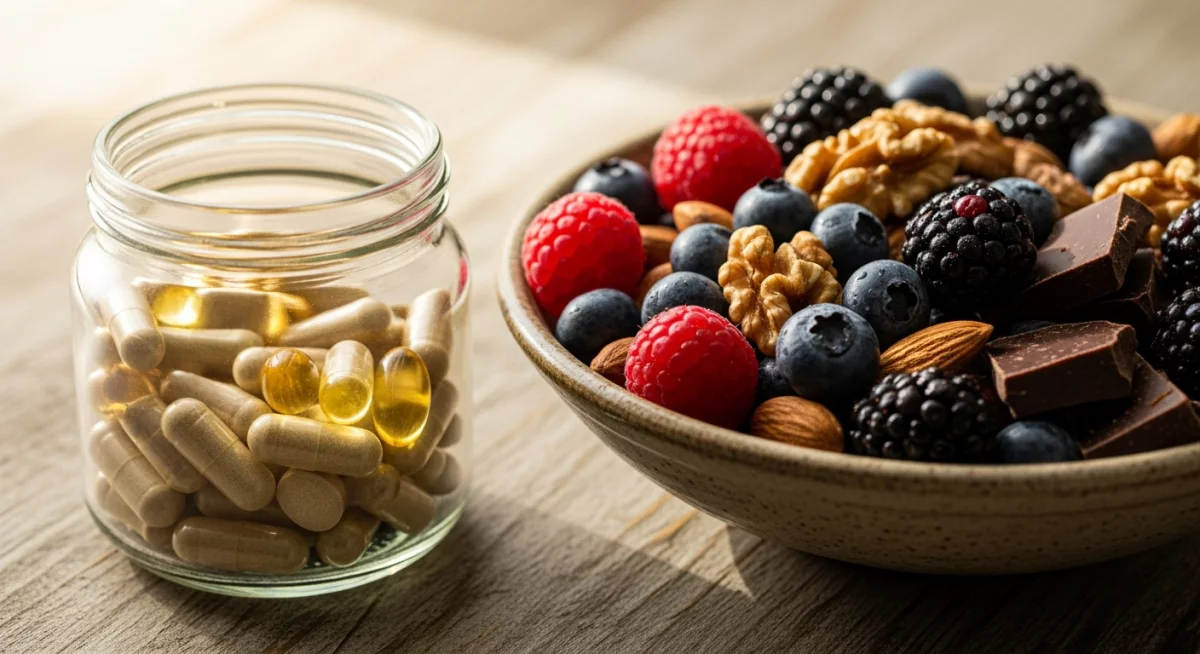 Gélules de compléments alimentaires antioxydants à côté de fruits frais sur une surface naturelle