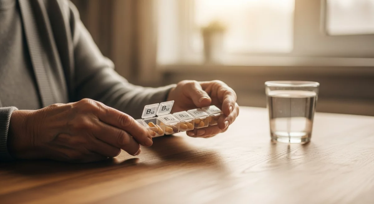 Gros plan sur une analyse sanguine montrant les résultats des tests de vitamine B12 avec un stéthoscope posé sur le document médical