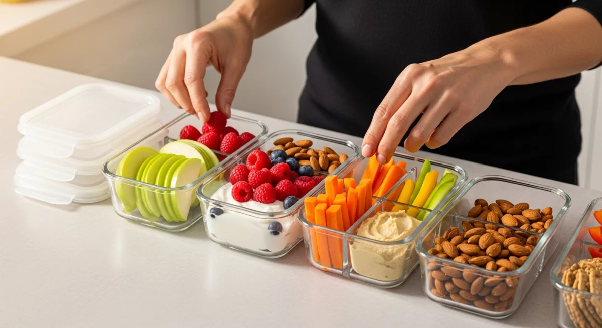 Personne en train de préparer des collations saines équilibrées dans une cuisine lumineuse avec fruits frais, noix et yaourt nature