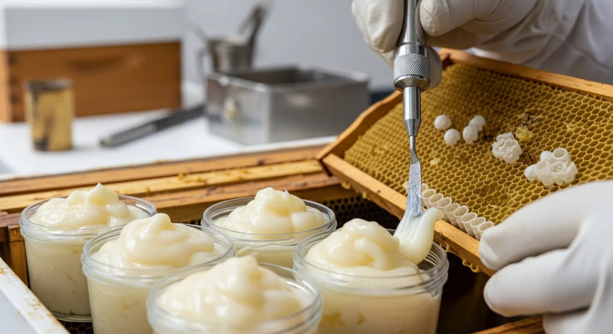 Apiculteur effectuant le greffage de larves pour la production de gelée royale