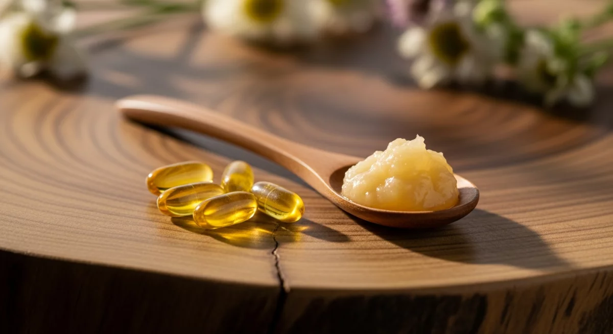 Gelée royale bio fraîche dans un pot avec des abeilles en arrière-plan